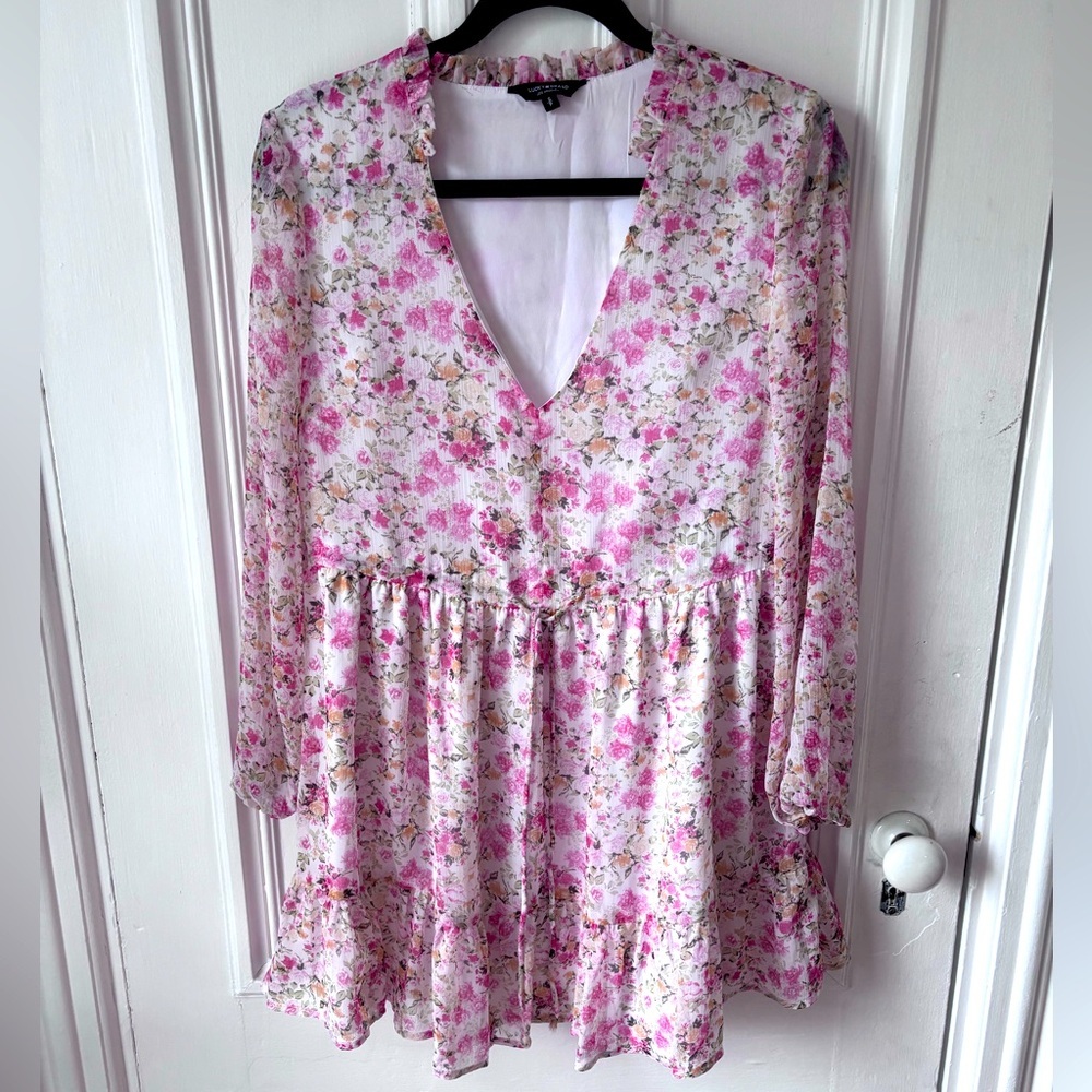 Women’s Lucky Brand Floral Print Tie Waist Lined Ruffle Bottom Dress Small